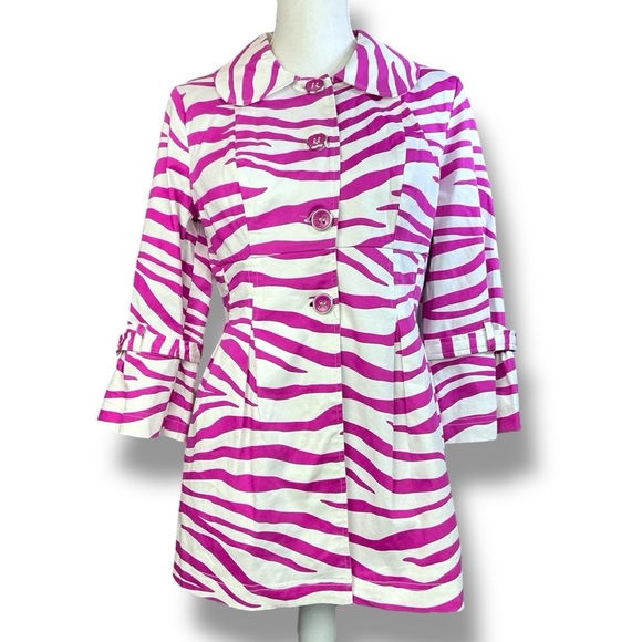 Soulmates Jacket Zebra Animal Print Coat Lined Button Up Barbie Pink White M JR - Picture 1 of 16